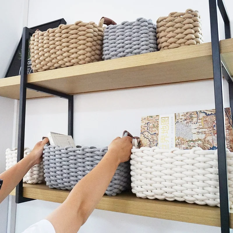 

1/2PCs Hand-woven Storage Baskets Cotton Rope Weaving Box Sundries Cosmetic Organizer Desktop Storages Basket Panier Rangement