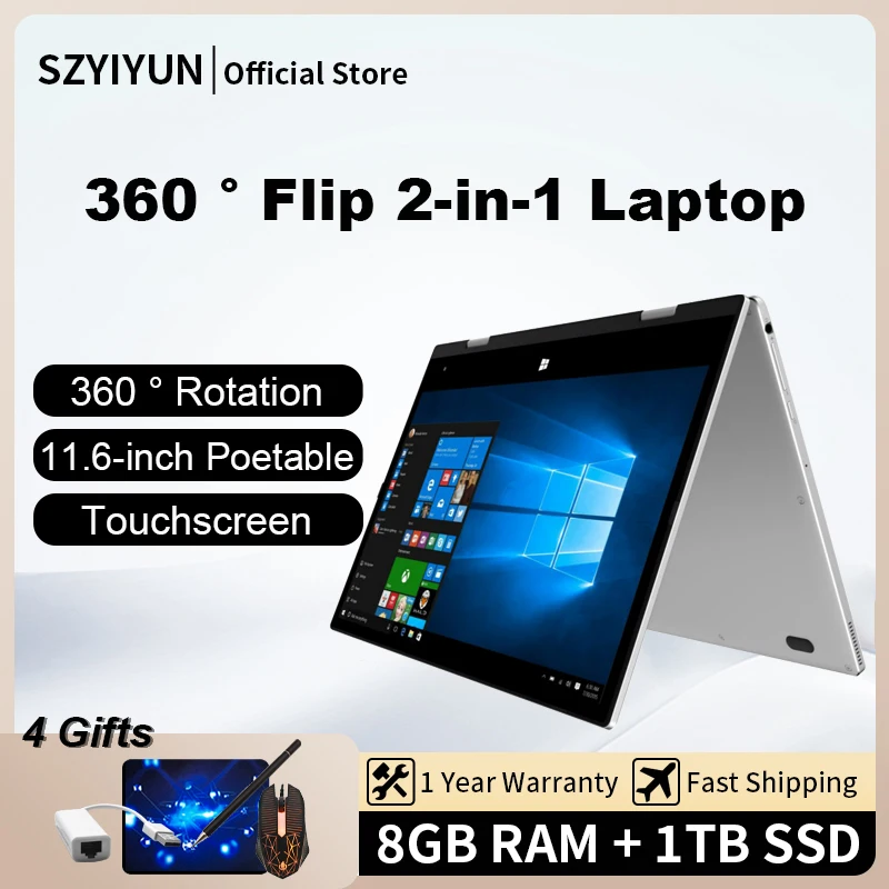 

Intel 11.6'' Mini Laptop 360° Rotating Windows 10 N4100 Touch Screen 8G RAM 1TB SSD Type-C YOGA Notebook PC 2 In 1 Slim Tablet