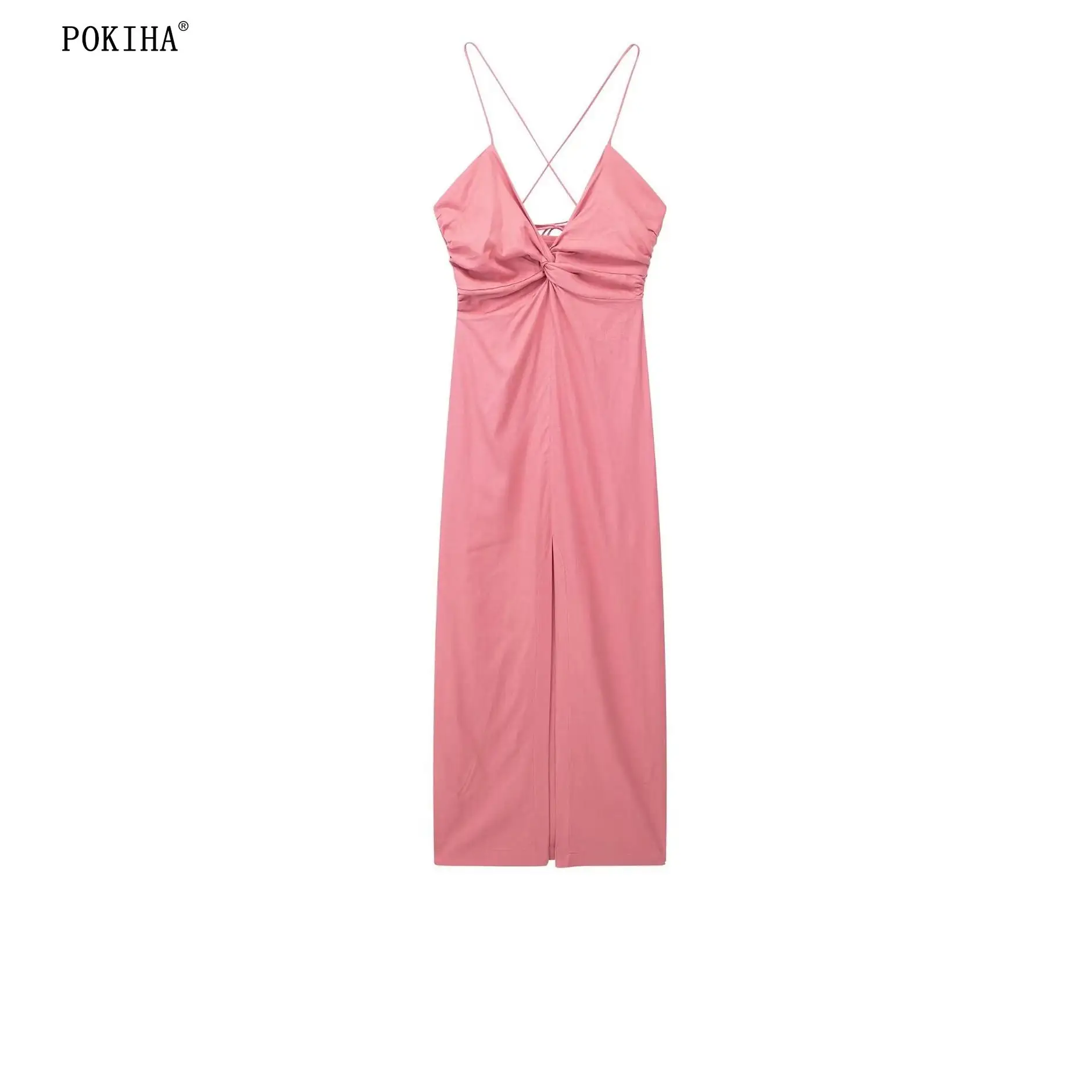 

Пикантное модное розовое однотонное летнее женское платье-миди Pokiha с V-образным вырезом, с разрезом, без рукавов, облегающее праздничное Пли...