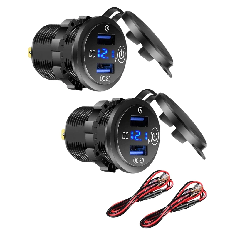 

2Pack 12V USB Outlet, QC 3.0 Dual USB Car Charger With Press Switch And Voltmeter For 12V/24V Motorcycle Car Bus Truck