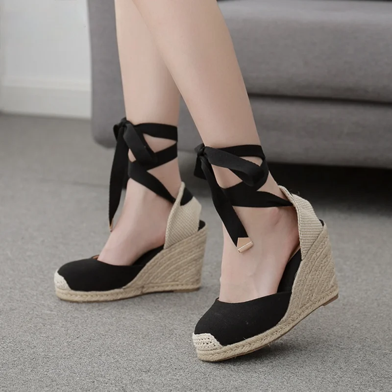 

2022 Ankle strap wedges shoes for women's espadrille summer sandals comfortable heel ladies bohemia shoes hemp canvas pumps