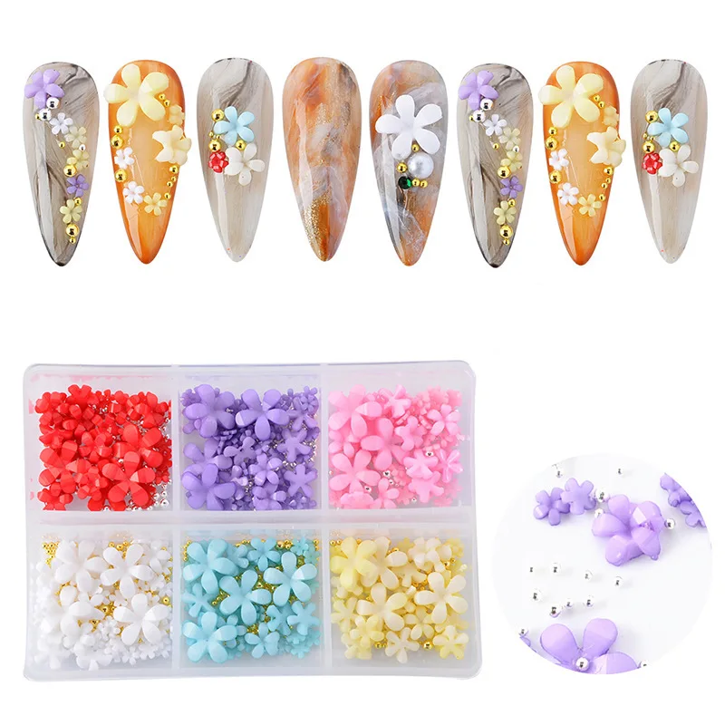 

6 Grids 3D Acrylic Flower Nail Art Decorations Mixed Size White Florets Charms Jewelry Gem Beads DIY Nails Design Accessories