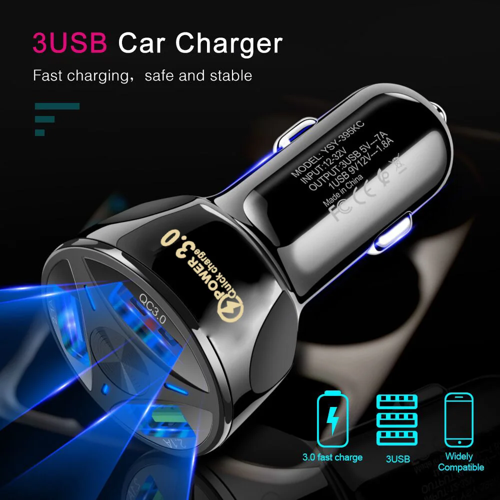 

Автомобильное зарядное устройство с 3 USB-портами, быстрая зарядка 3,0, быстрая зарядка, прикуриватель для Samsung, Huawei, Xiaomi, Iphone, автомобильное зар...
