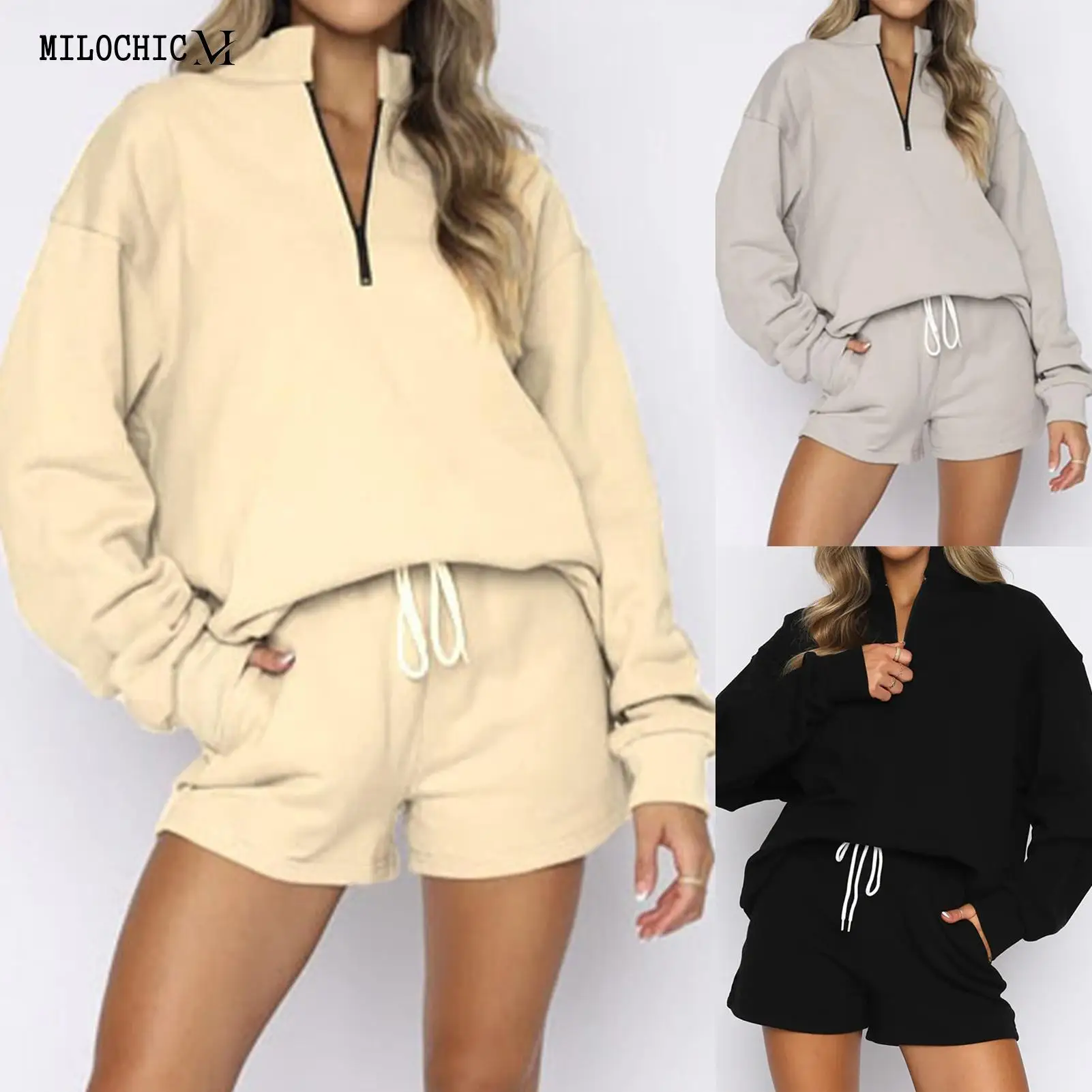 

Women Sweatshirt Shorts Suits 2 Piece Set Half Zip Top Shorts Solid Color Pullover Half High Collar Elastic Waist Autumn Winter
