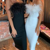 2022 new hot girl feather tube top waist bag hip temperament commuter tight party dress party party dresses women evening 2020