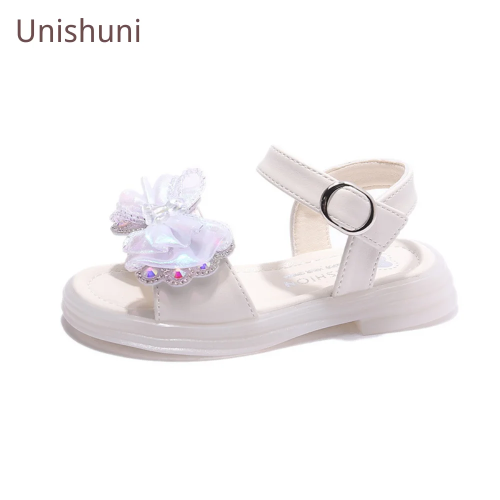 Unishuni Girls Summer Sandal Princess Bling Crystal Bowtie Shoes for Girl Rhinestone Sandal Open Toe Children Summer Beach Shoe