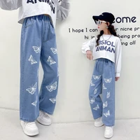 jeans for girls summer elastic waist kids wide leg pants fashion printed butterfly clothes for children teenager girl trousers