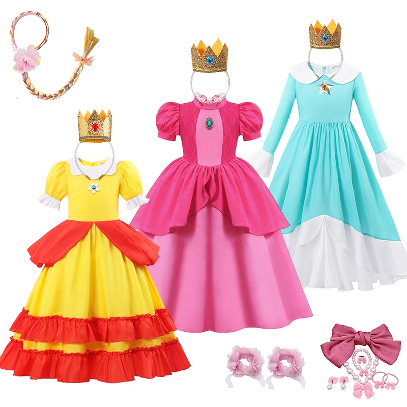 

Peach Princess Cosplay Dress Girl Game Role Playing Costume Birthday Party Stage Performace Outfits Kids Carnival Fancy Clothes