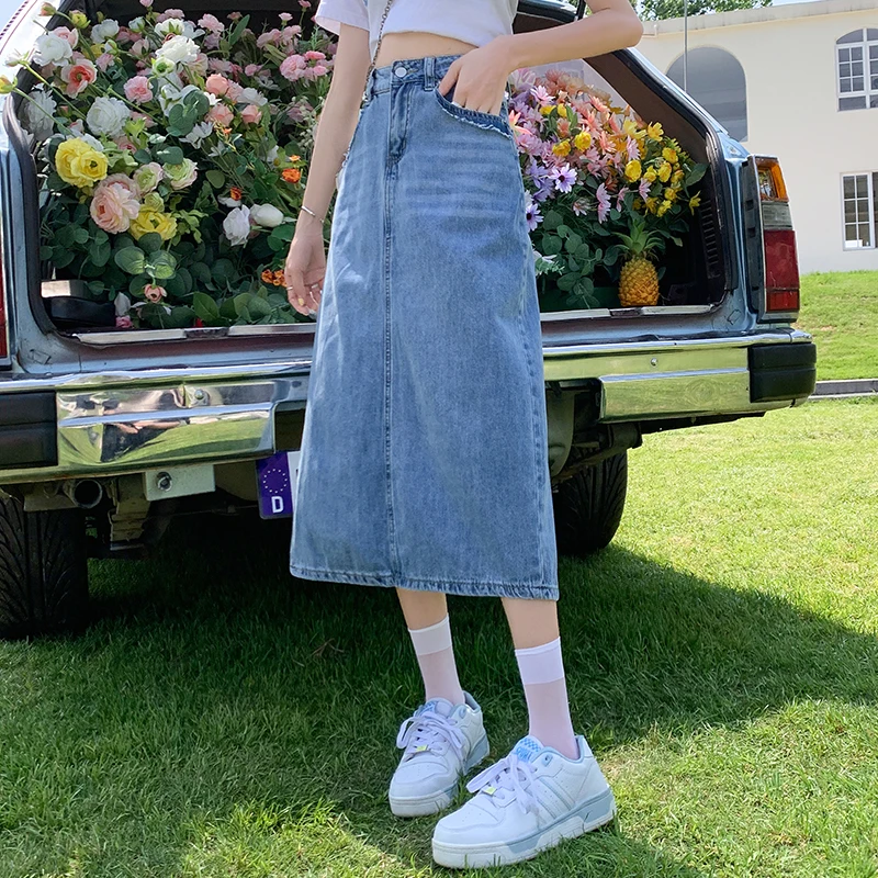 

Женская длинная джинсовая юбка с разрезом, черная или синяя мешковатая винтажная джинсовая юбка с высокой талией в уличном стиле, лето 2022
