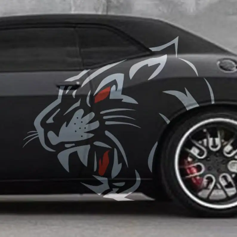 

INCLUDES Both Sides- Large Cat Head Fits HellCat Challenger Tribal Tattoo Vintage Door Pickup Truck Car Vehicle Decal Graphic Si