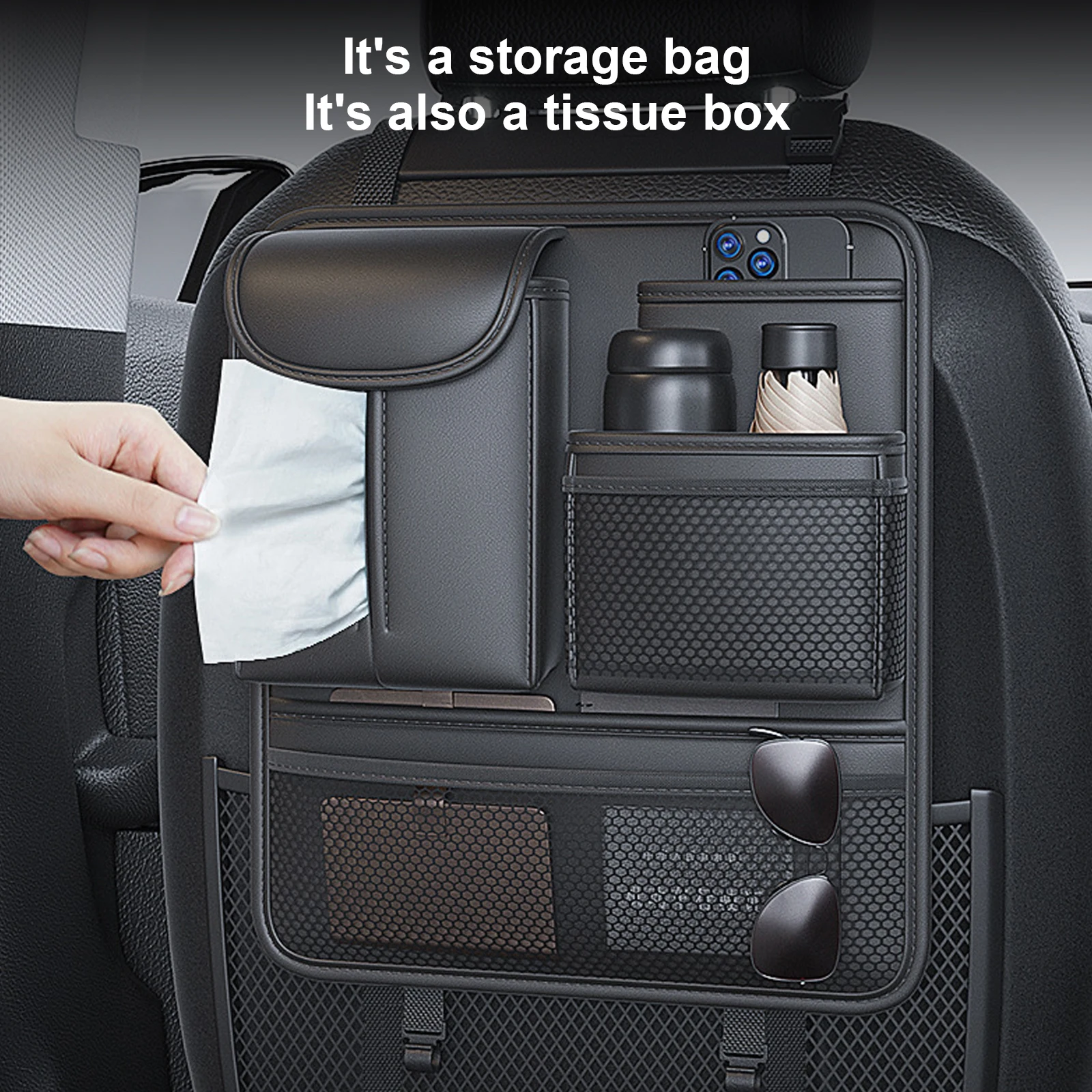 

Car Organizer Premium Leather Seat Back Car Storage Bag With Tissue Boxes Auto Hanging Bag Stowing Tidying Automotive Product
