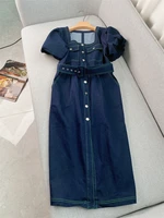 blue contrast line design puff sleeve denim dress 2022 summer french square neck commuter single breasted straight a line skirt