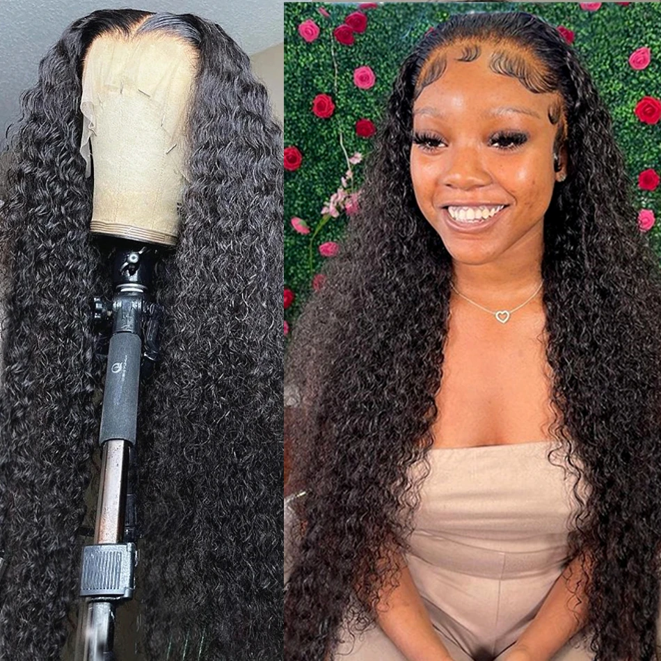 13x4 Curly Human Hair Lace Front Wig 30 40 Inch Deep Wave Frontal Wig  Full Transparent HD Lace Water Wigs 180%Density Brazilian