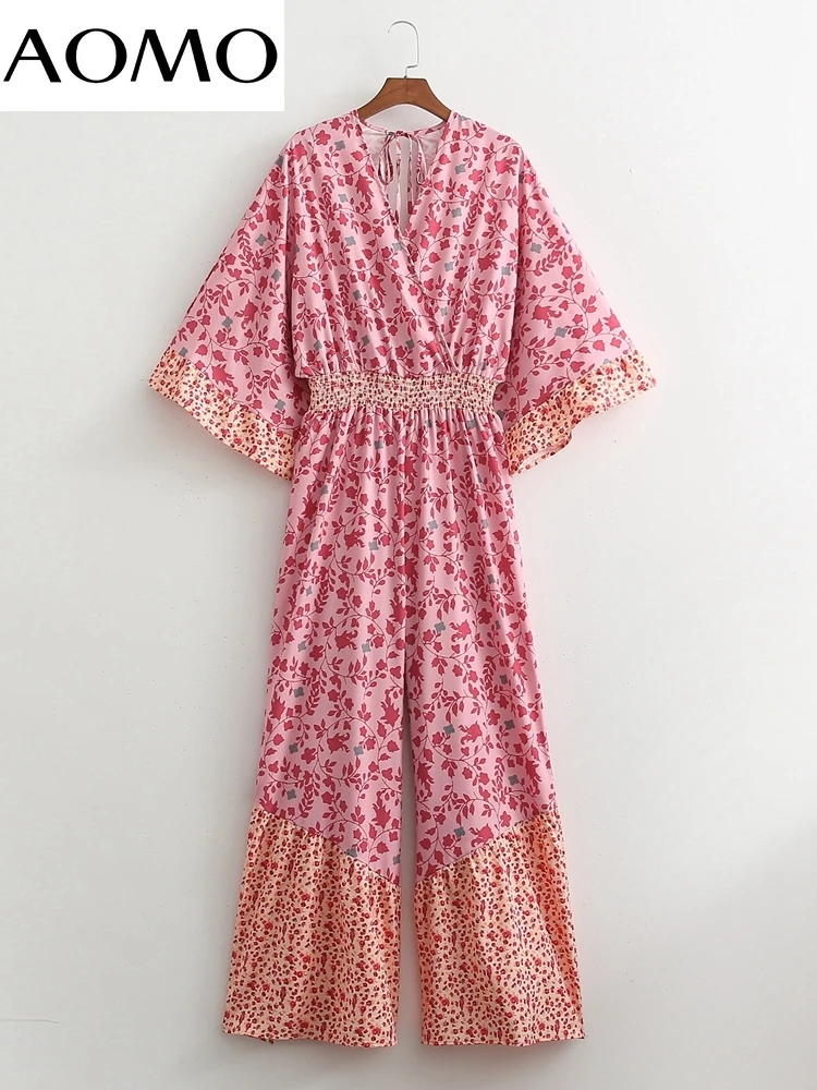 

AOMO Women Summer Flowers Print Long Jumpsuit Flare Sleeve Loose V Neck Female Casual Jumpsuit 1D21A