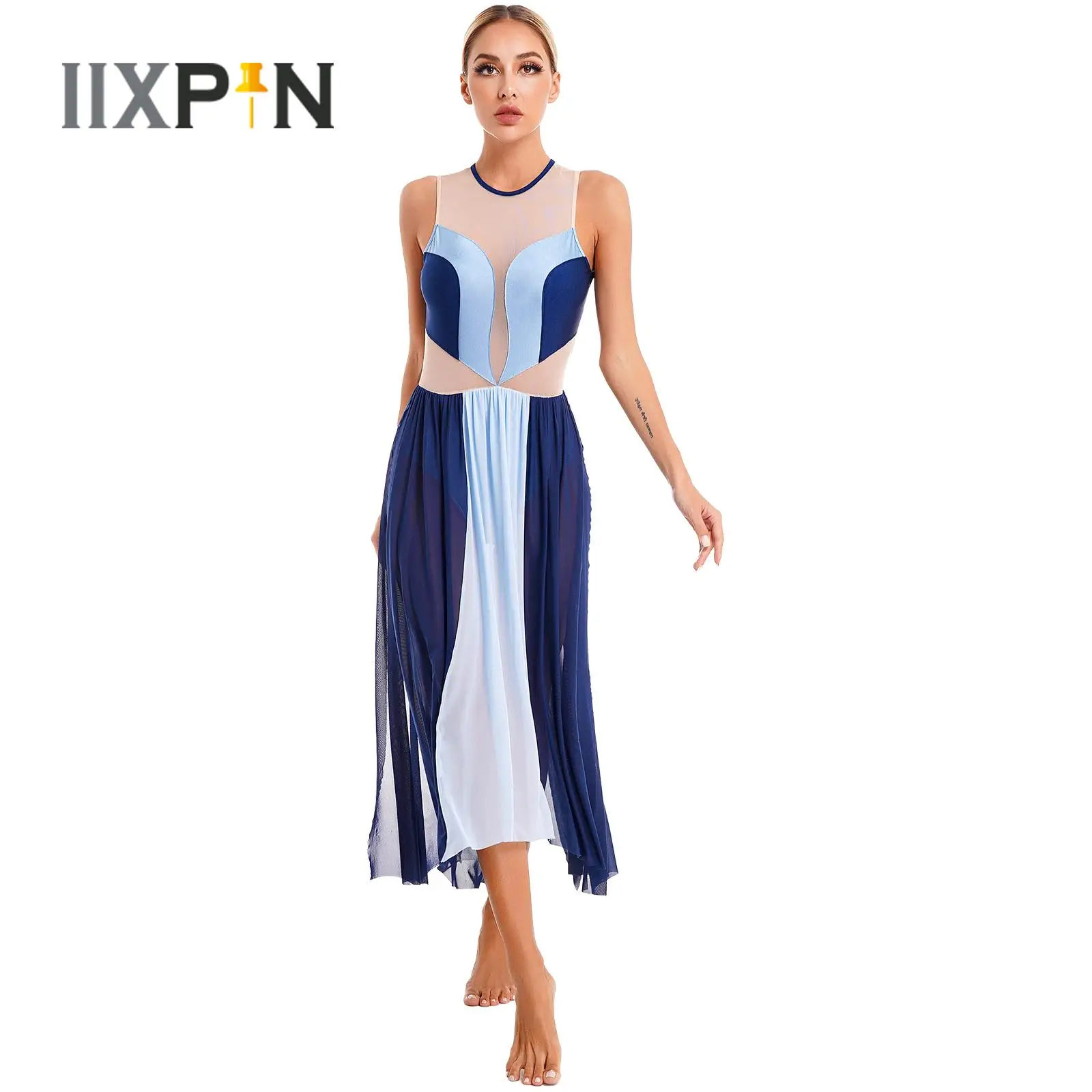 

Womens Lyrical Dance Dress Round Neck Sleeveless Mesh Side Split Leotard Dresses Modern Contemporary Dancewear Ballerina Costume