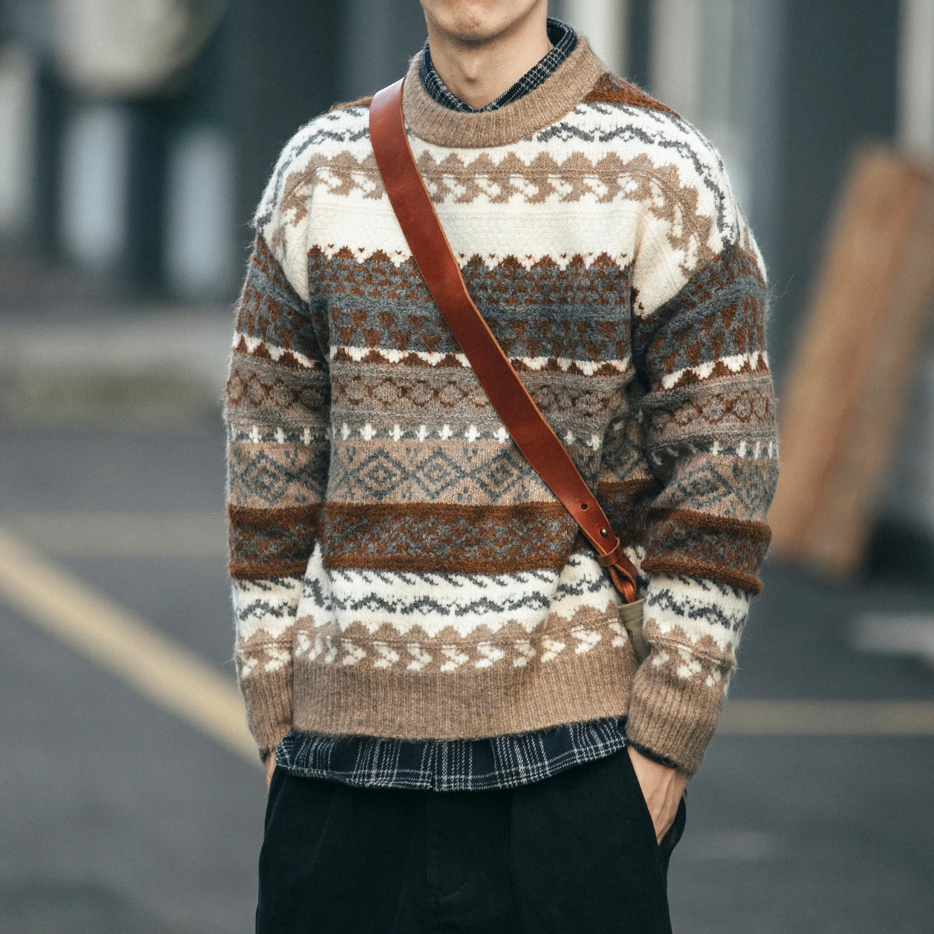 

Ethnic Style Vintage Knit Sweater Men's Contrast Color Loose Thick Round Neck Knit Top Winter New Couple Fashion Casual Pullover