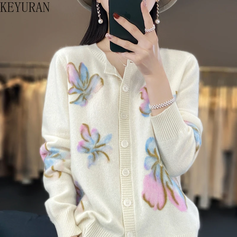 

Женский вязаный кардиган с цветочным принтом, свободный трикотажный свитер с круглым вырезом и длинным рукавом, Осень-зима 2023