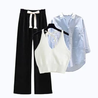 large size womens spring suits 2022 new loose shirt tops small suspenders high waist casual wide leg pants three piece set