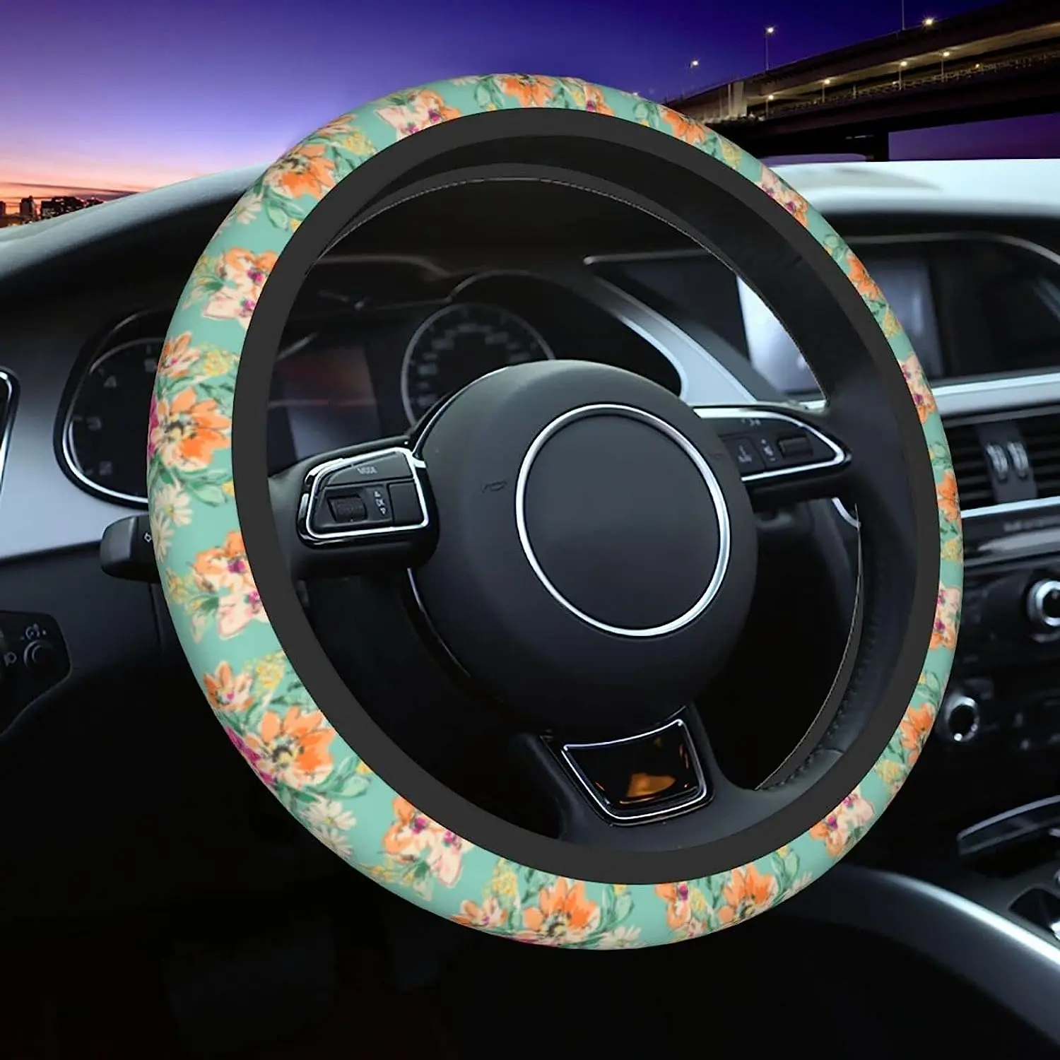 

Retro Flower Steering Wheel Cover for Women Girl Floral Non-Slip Neoprene Car Accessories Protector Case Universal 15 Inches