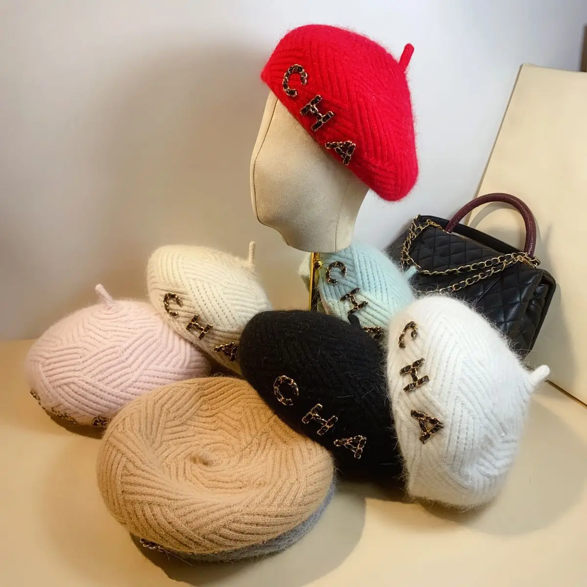 

Autumn and Winter Rabbit Hair Knitted Letter CHA Bud Hat Female Japanese Octagonal Hat British Artist Hat Youth Beret