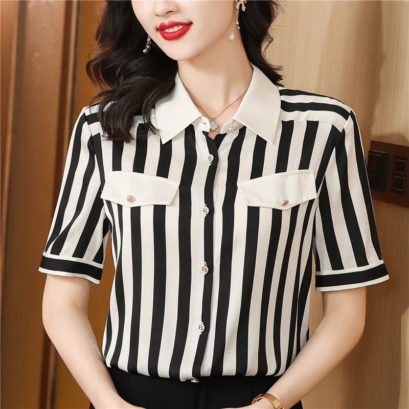 

2023 Poplin New Blouse Summer Stripe Shirt Grace Fashion Comfort Slim Short Sleeved Turn Down Collar Button Top