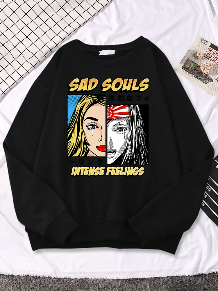 

Sad Souls&Intense Feelings Manga And Pop Art Girl Print Women Hoody Pocket Autumn Pullover O-Neck Personality Tops Female Hoodie