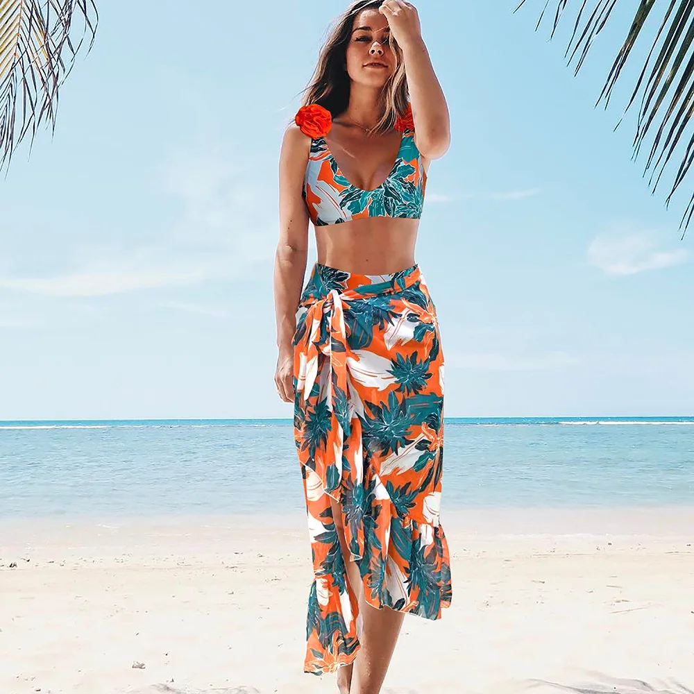 

Printed High Waist Bikini Flower Shoulder Strap Vest Split Swimsuit Female European and American 2022 New Bikini