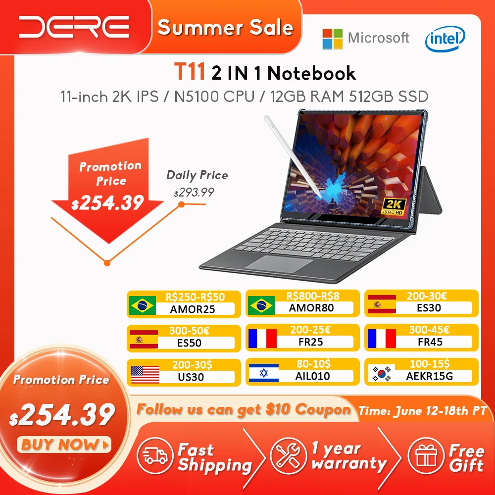 DERE T11 Tablet Laptop 11-inch Touch Screen 2K IPS Intel Celeron N5100 12GB RAM 512GB SSD Office Learning Windows 11 Notebook