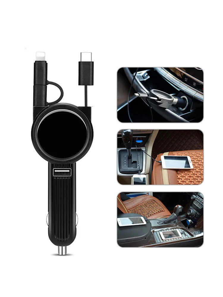 Multifunctional 3-in-1 Telescopic Type-cUSB Car Charger Cable Cord Adapter with Port Connectors for Cell Phones Tablet