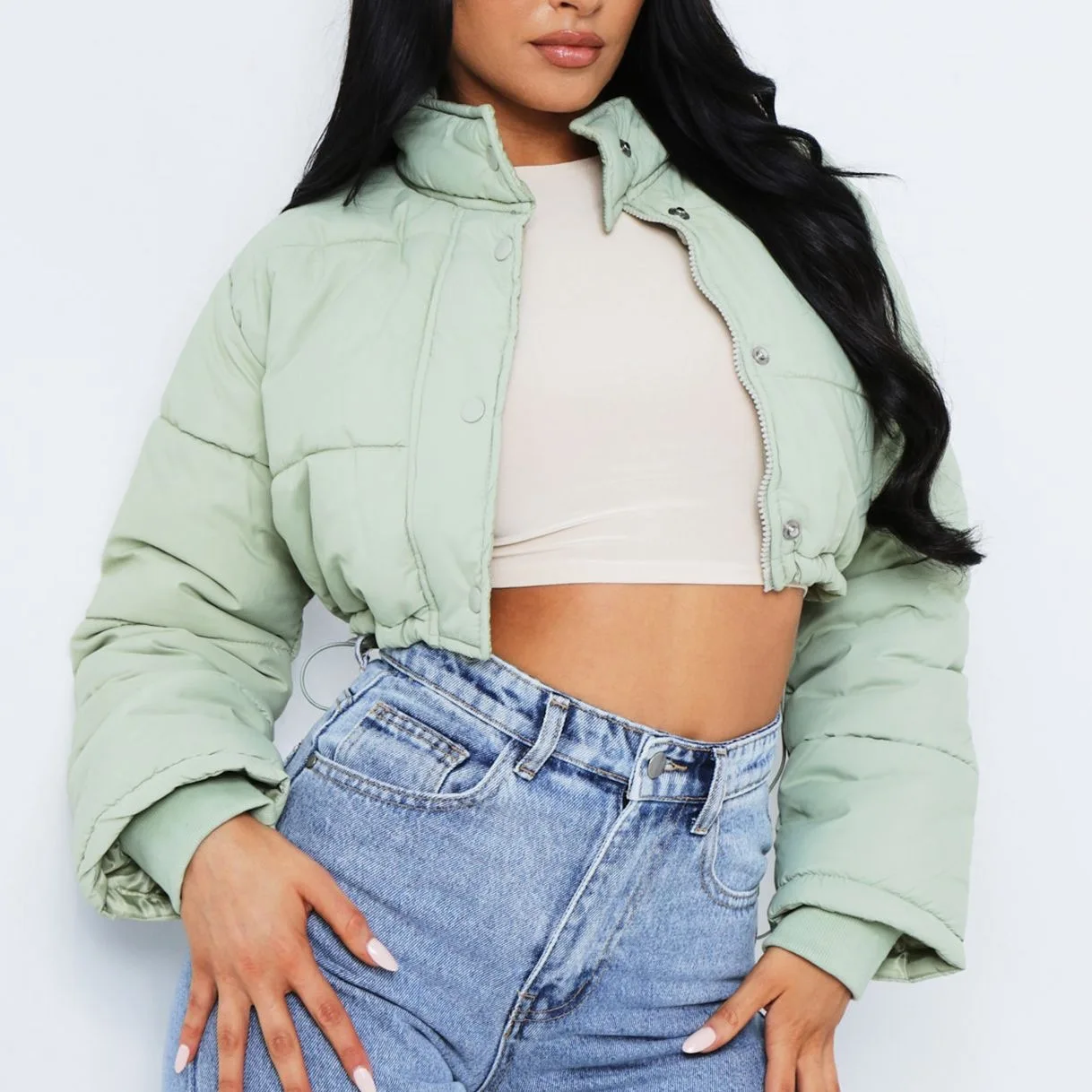 2021 New Arrival Fashion Cropped Coat Winter Clothes Women Bubble Coat Solid Color Cotton Jacket Green Autumn Women Zipper Coat