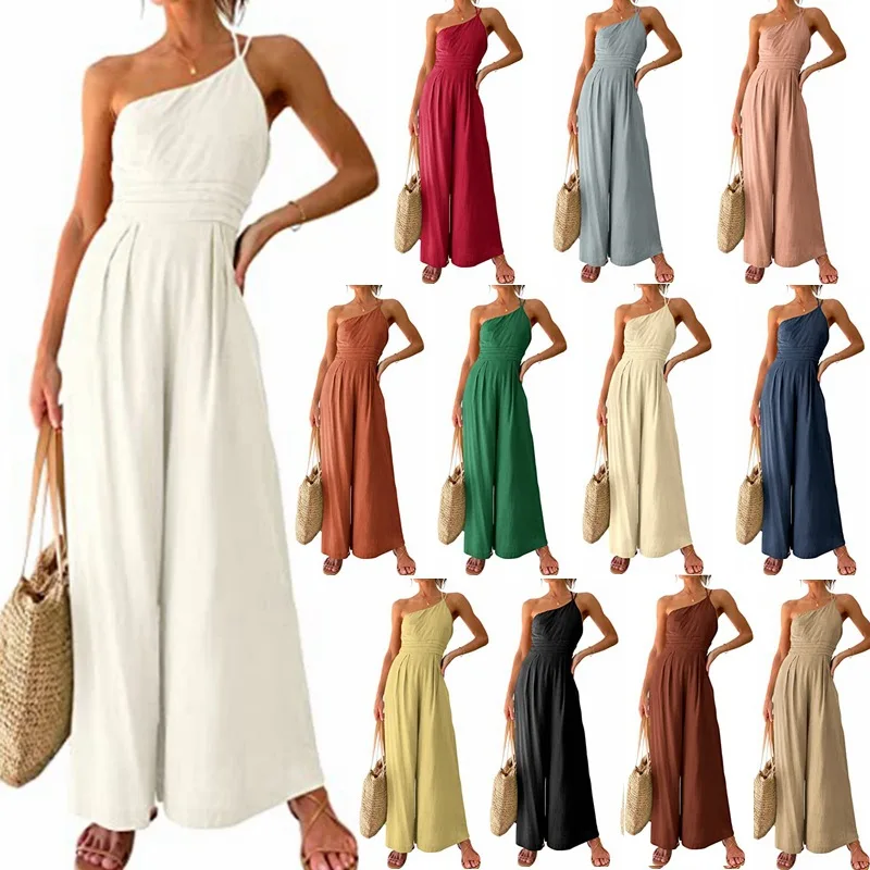 

2023 New Summer New Women's Jumpsuit Single Shoulder Strap Pleated High Waist Casual Wide Leg Jumpsuit Elegant Hakama Jumpsuit