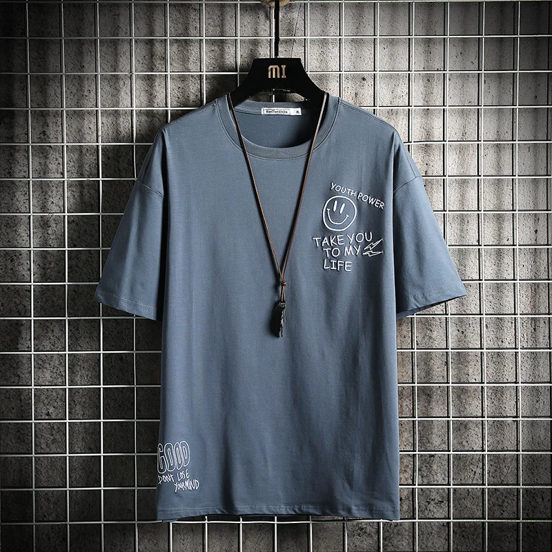 

Short-sleeved T-shirt Men Print 2024 Summer Loose O-neck Bottom Shirt Youth High Quality Cotton Tops Male Dropshipping