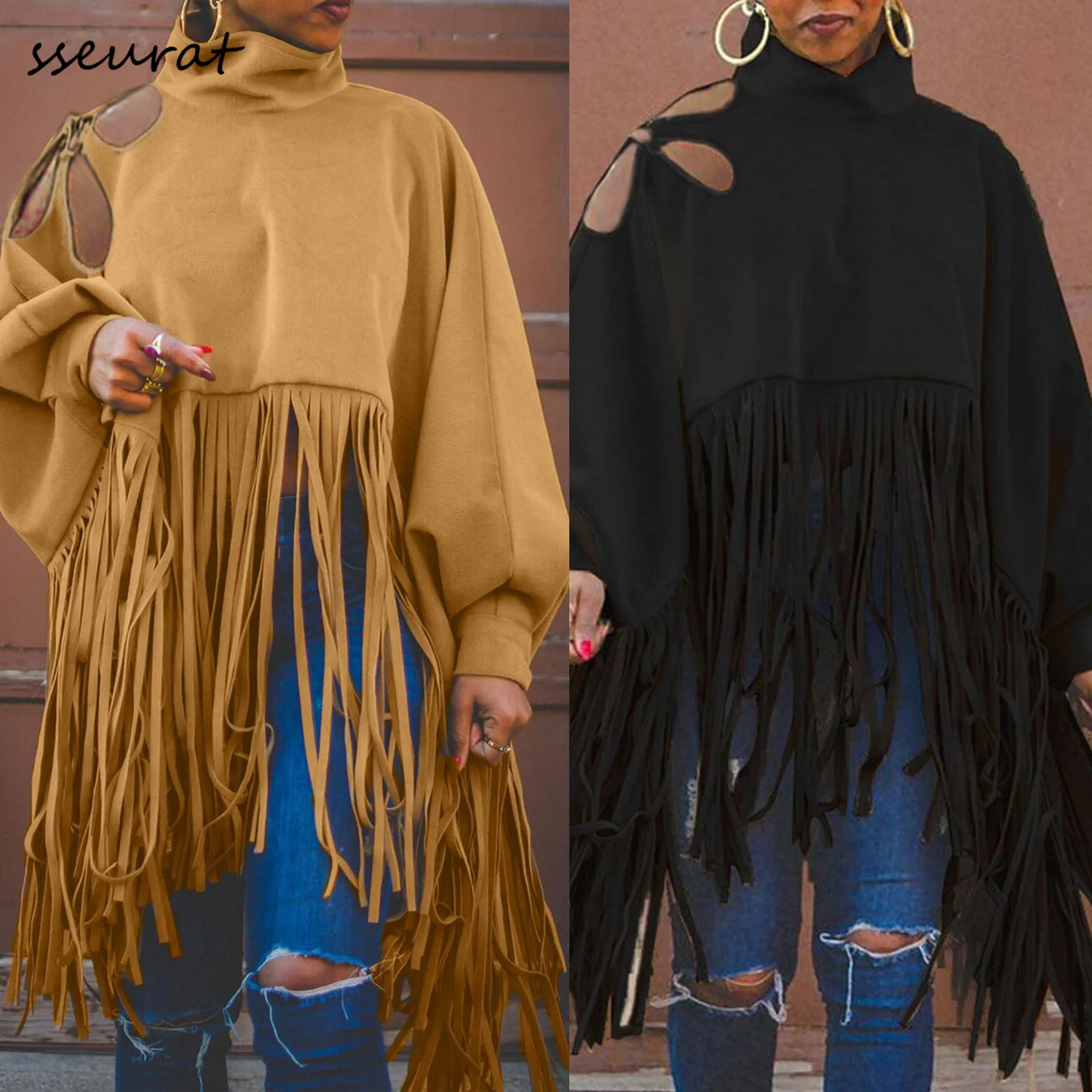 

Уличная одежда, топы с бахромой с цветочным принтом и бахромой, женская зимняя одежда, пуловеры с высоким воротником, Свободный Повседневны...