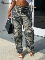 simenual camouflage printing cargo pants women loose straight pockets zipper bottoms autumn fashion streetwear vintage trousers