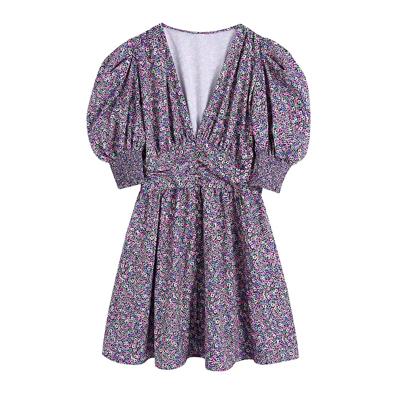 

2022 Summer Women Button Decoration Floral Dress Vintage Puff Three Quarter Sleeve V Neck Elastic Waist Short Dress BB22412