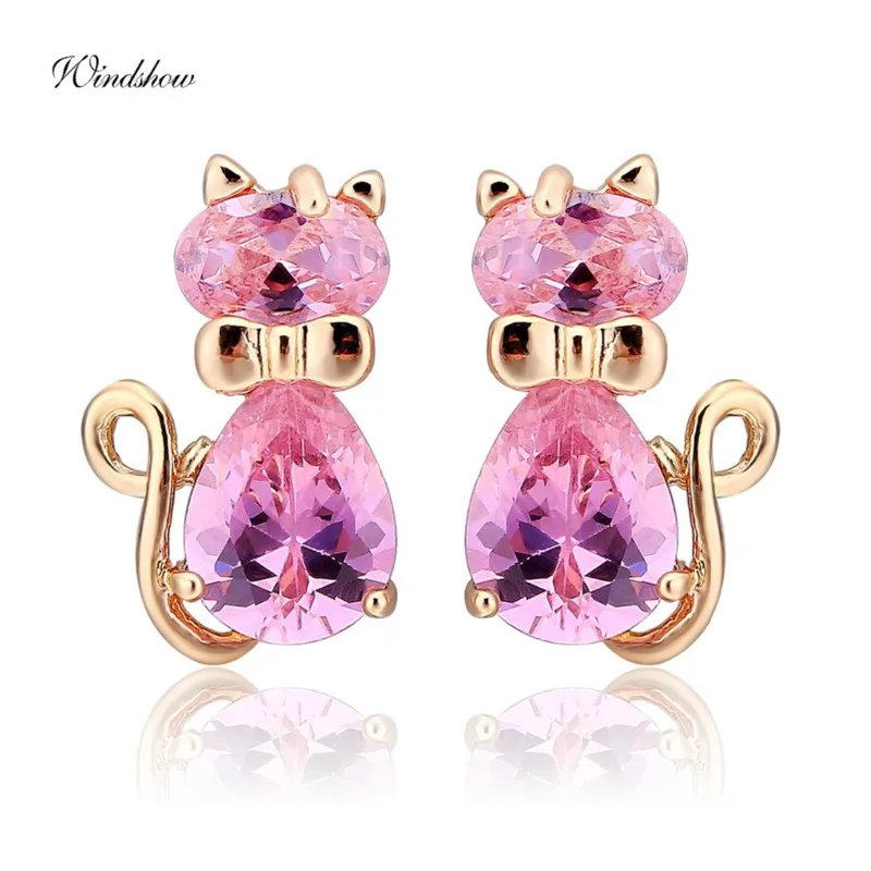 Симпатичные серьги-гвоздики 5 цветов с фианитами и бантом котенок гэто кошка для