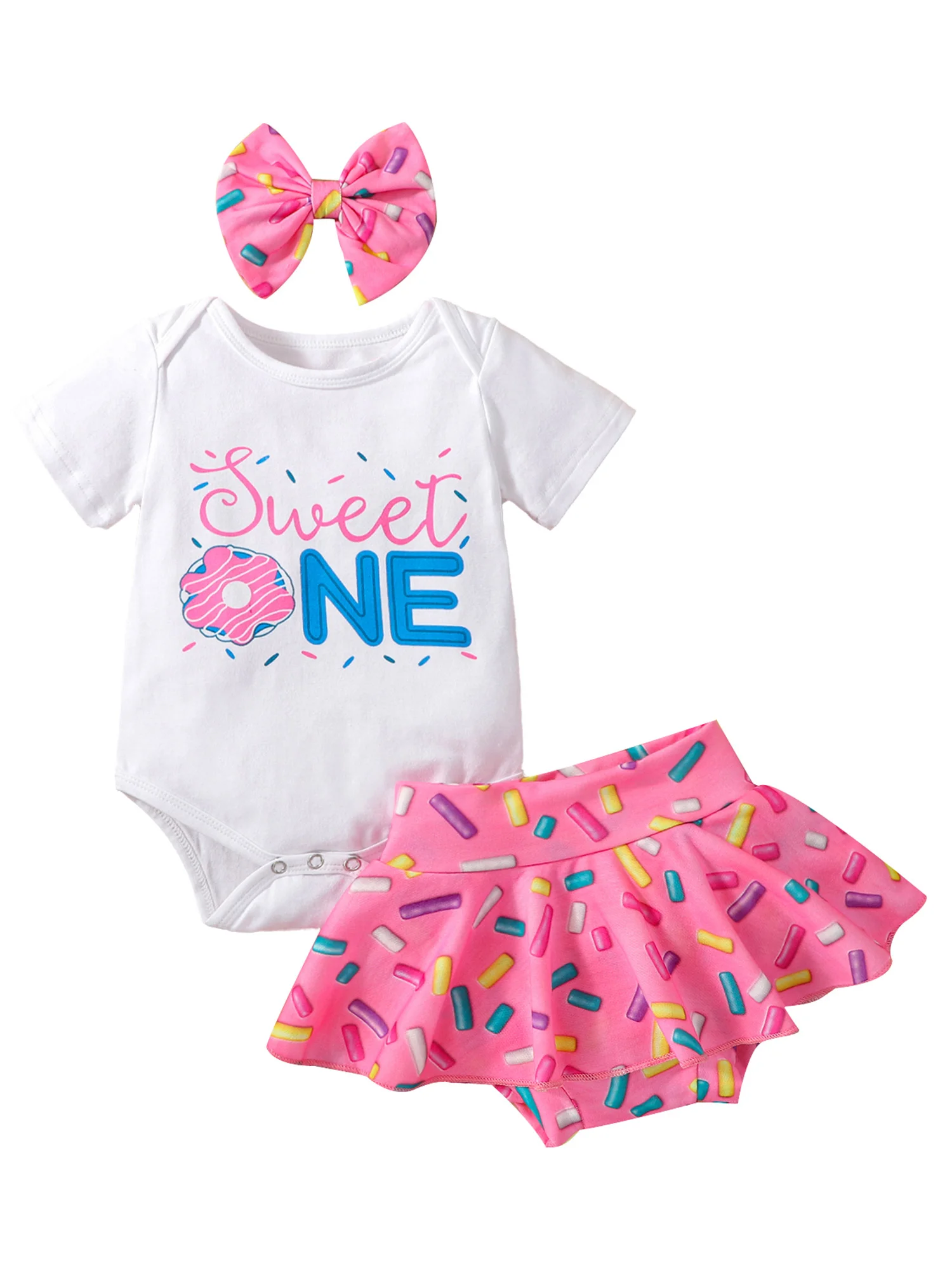 

Летняя одежда для маленьких девочек из 3 предметов, комбинезон с коротким рукавом и буквенным принтом и юбка с пончиком и шорты с повязкой на голову