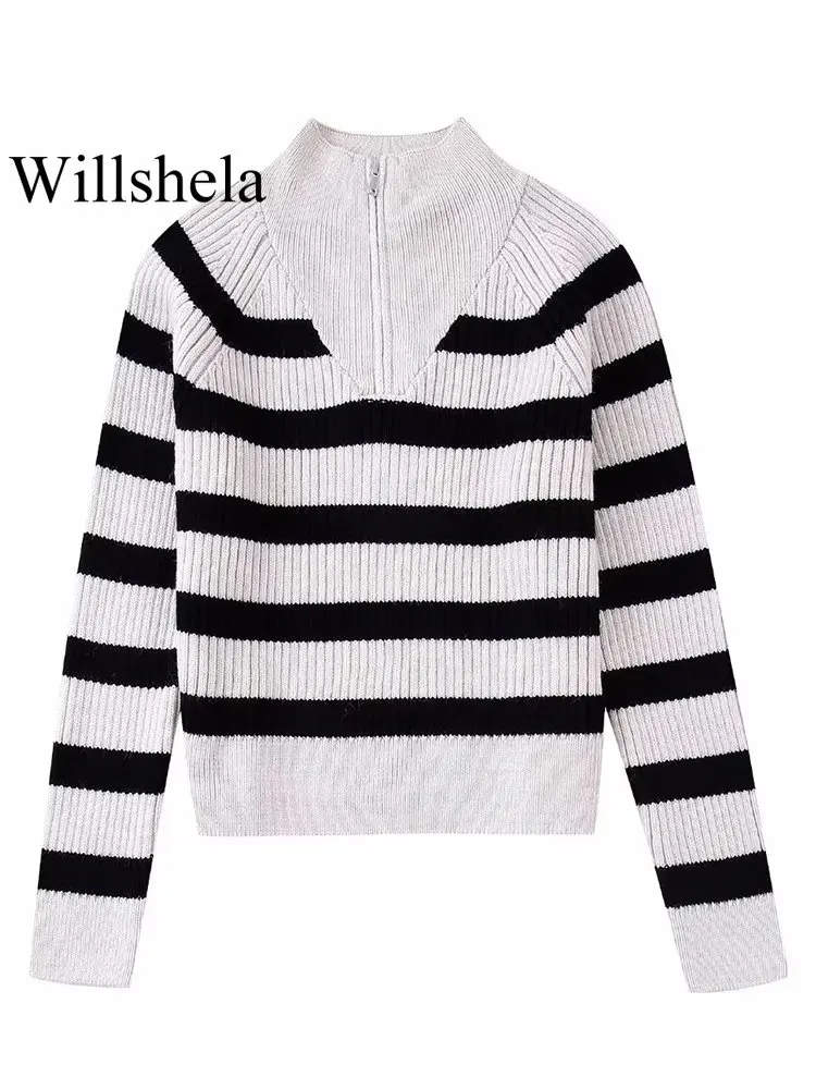 

Willshela женский модный однотонный трикотажный пуловер на молнии спереди, винтажный свитер с круглым вырезом и длинными рукавами, женские шика...