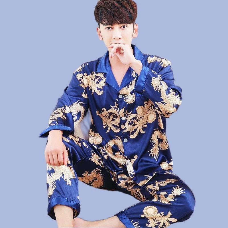 Men's Pajamas Set Short Sleeve T-shirt Long Pants 2Piece/Set Summer Sexy Dragon Print Rayon Pyjama Homewear Cozy PJS Big Size