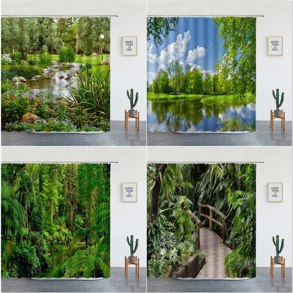 

Park Garden Tree Flower Pond Nature Landscape Shower Curtain Bathroom Polyester Waterproof Fabric Curtains Home Bathtub Decor
