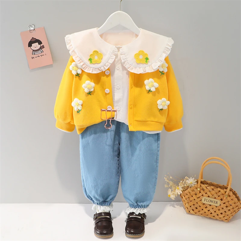 2022 Spring Baby Girls Clothing Sets Infant Clothes Outfit Newborn Flower Coats Lace Shirt Jeans Children Vacation Costume