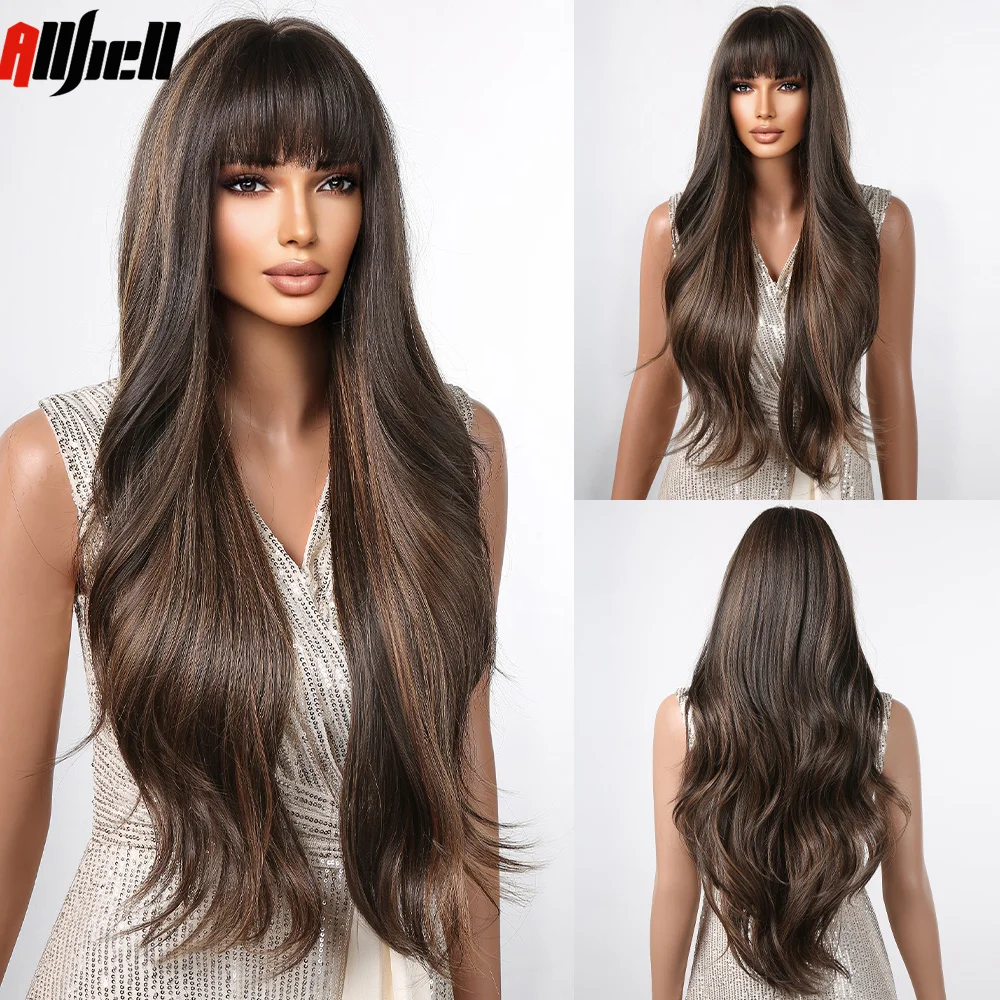 

Brown Synthetic Wigs Long Body Wavy Golden Highlights Bangs Wig Hair for Black Women Wedding Party Heat Resistant Cosplay Use