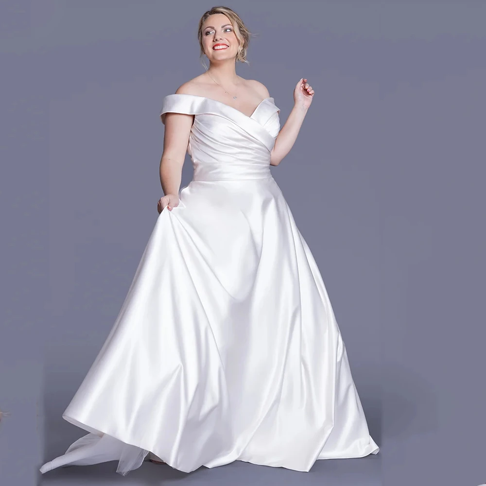 

Classic Off The Shoulder Wedding Dress For Women Plus Size V-Neck Zipper Bride Gowns Satin A-Line Sweep Train Robe De Mariée