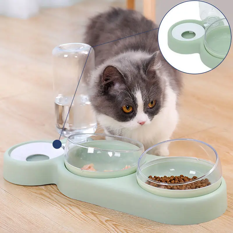 

Pet Cat Double Bowl Automatic Feeder Dog Food Bowl With Water Dispenser Drinking Raised Stand Dish For Cats Feeding Tools