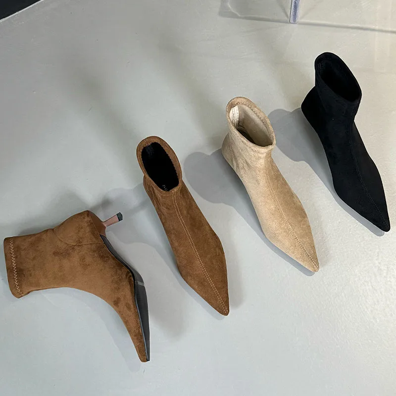 Ботильоны женские Стрейчевые из флока заостренный носок без застежки