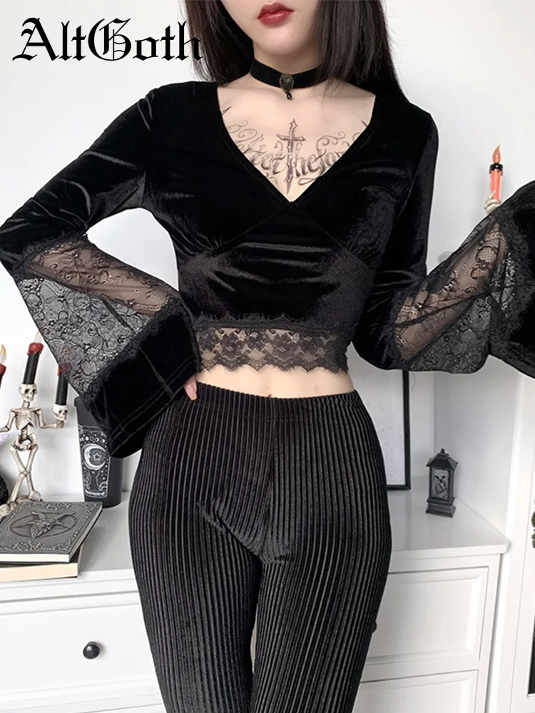 

AltGoth Dark Goth Long Sleeve Tshirt Women Sexy Lace Patchwork Flare Sleeve V-neck Short Tee Tops Streetwear Black Bottom Tshirt