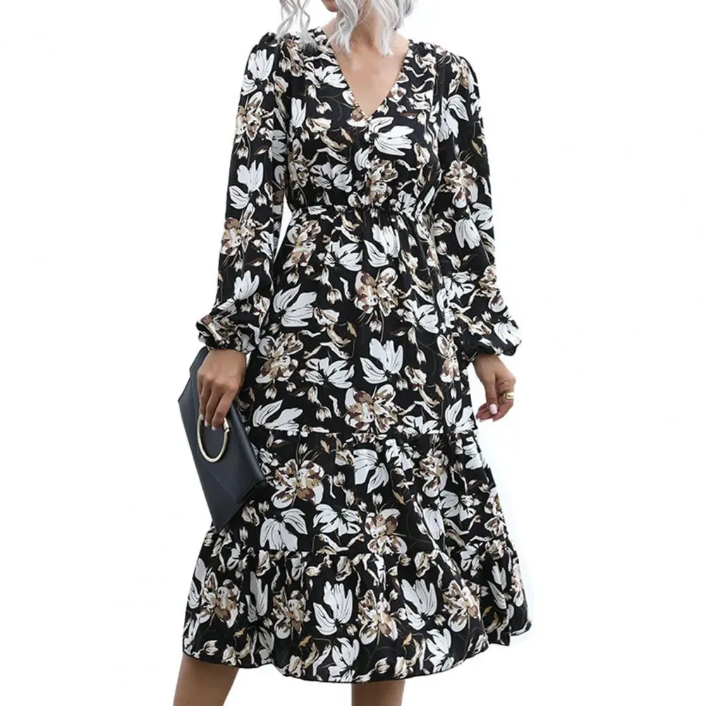 

Women Dress Breathable Tight Waist Dress Women Spring Autumn A-Line Floral Dress