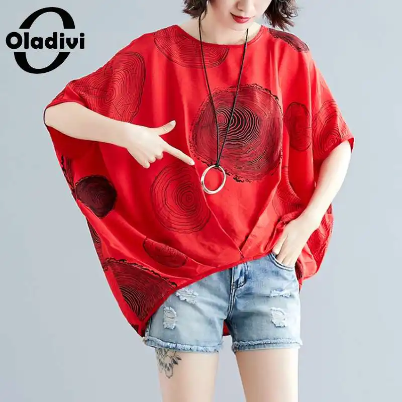 

Oladivi Oversized Women Fashion Print Batwing Sleeves Cotton Linen Blouses Casual Shirts Summer 2022 Loose Top Tee Big Tunic 6XL