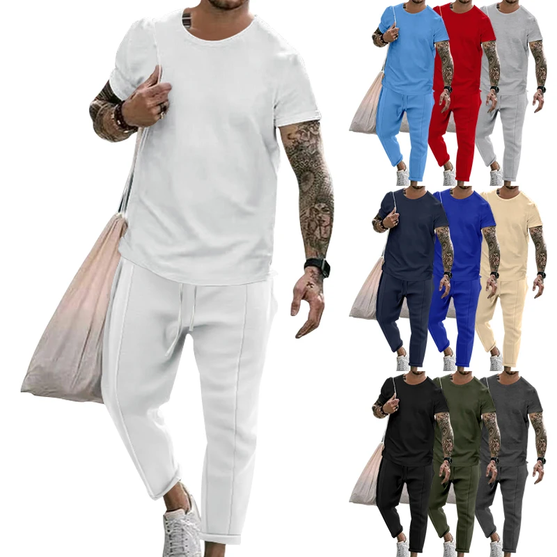 Brand Men's Spring/Summer Round Neck Casual Comfortable Top+Split Sweatpants Two Piece Set of Boutique Set