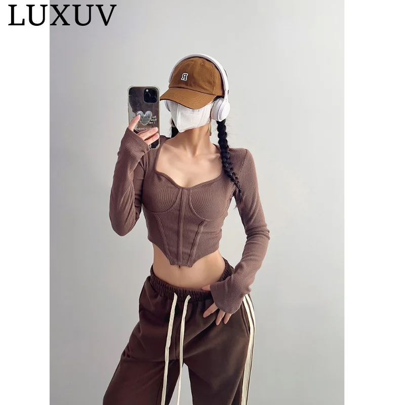 

LUXUV Square Neck Patchwork Long Sleeve Rib Knit Crop Top for Women Fall Winter Tie Back Lettuce Trim Skinny T Shirts Y2K Street